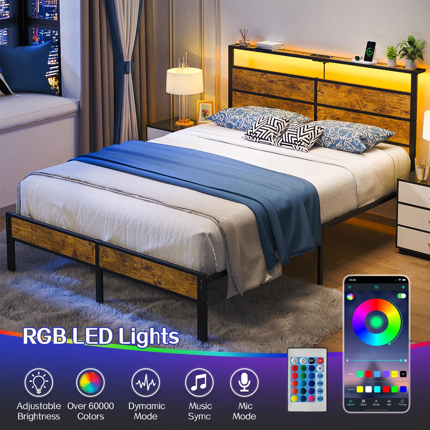 Amazon｜クイーンサイズベッドフレーム、充電ステーションとLEDライト